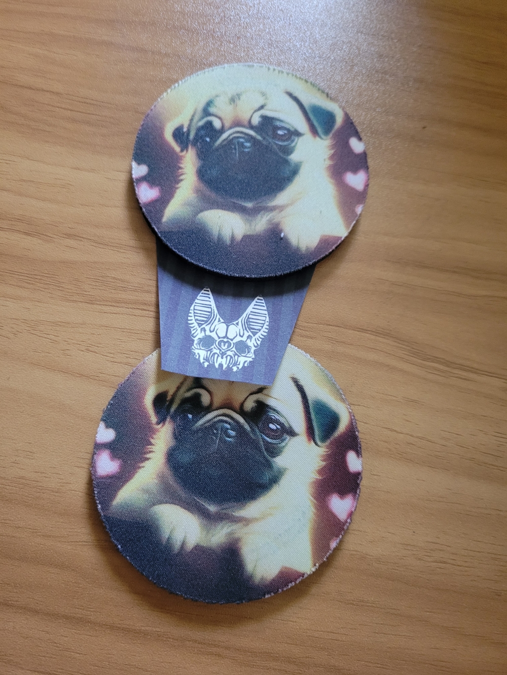 💀NEW💀Hand Crafted Pug Print Round Car Coasters in Cream, Brown, Pink